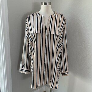 Calvin Klein Womens Plus 3X Striped Button Up Blouse Roll Tab Sleeve Shirt Top